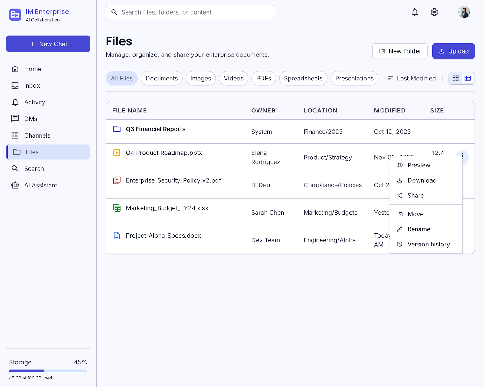 File management in IM Enterprise